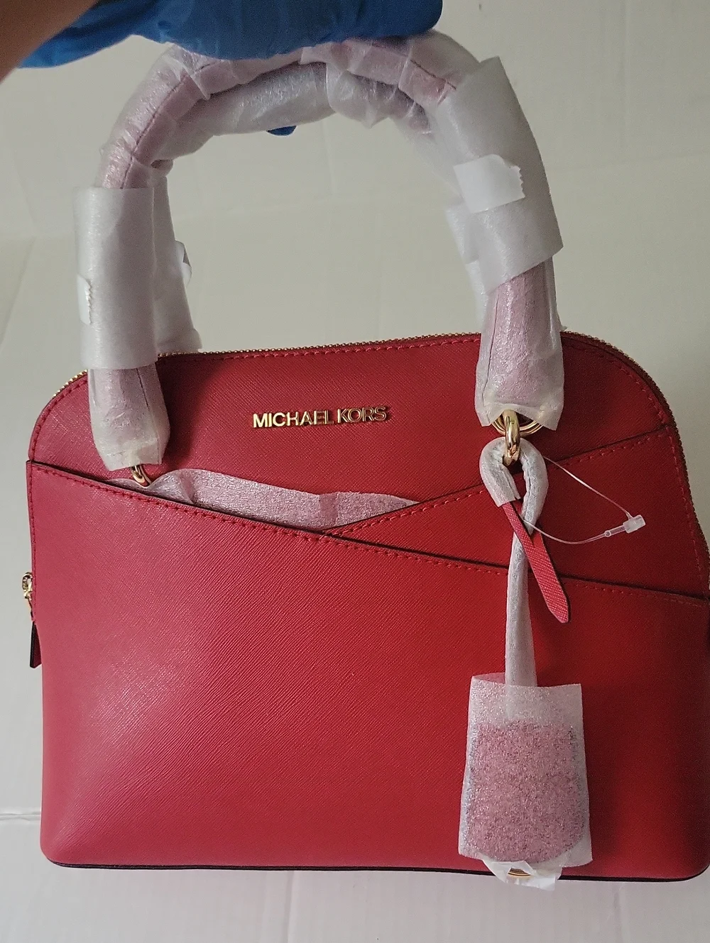 MICHAEL KORS Red Saffiano Dome Satchel with Gold Hardware